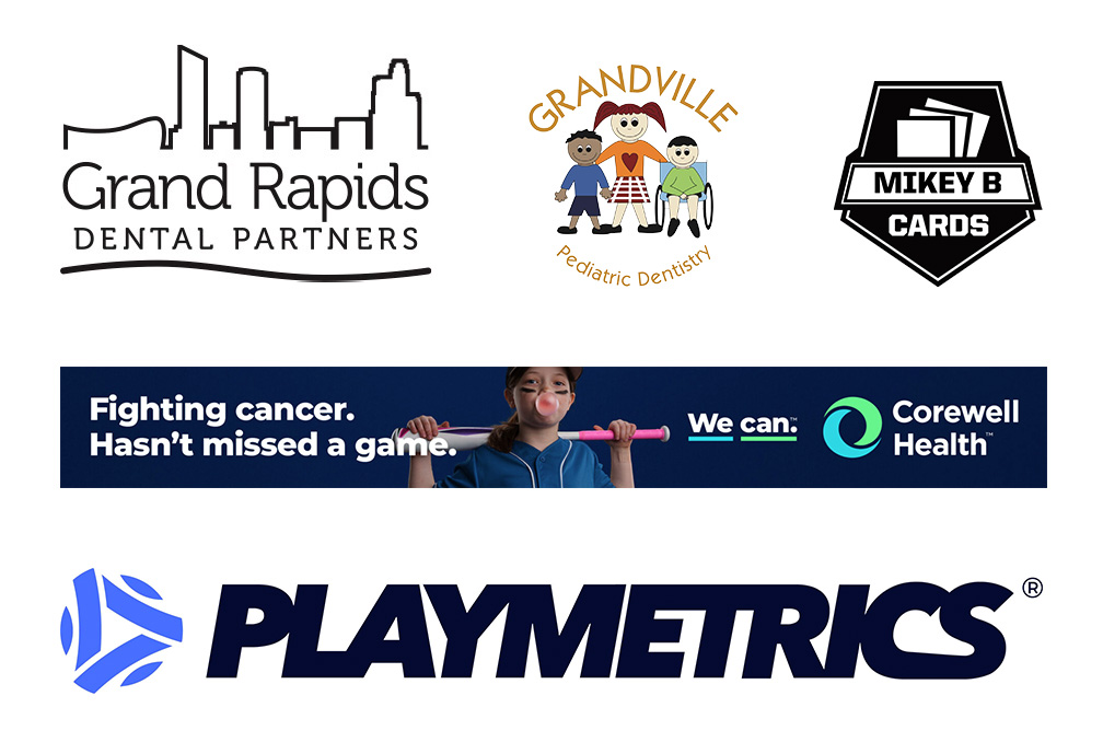 Rapids FC Sponsor logos, Grand Rapids Dental Partners, Grandville Pediatric Dentistry, Mikey B Cards, Corewell health & Playmetrics